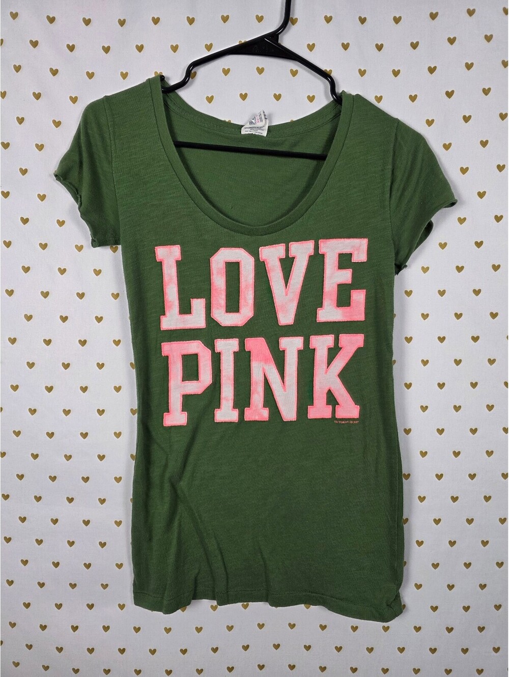 Victorias Secret PINK LOVE Green Embroidered Tee Shirt vintage y2k XS